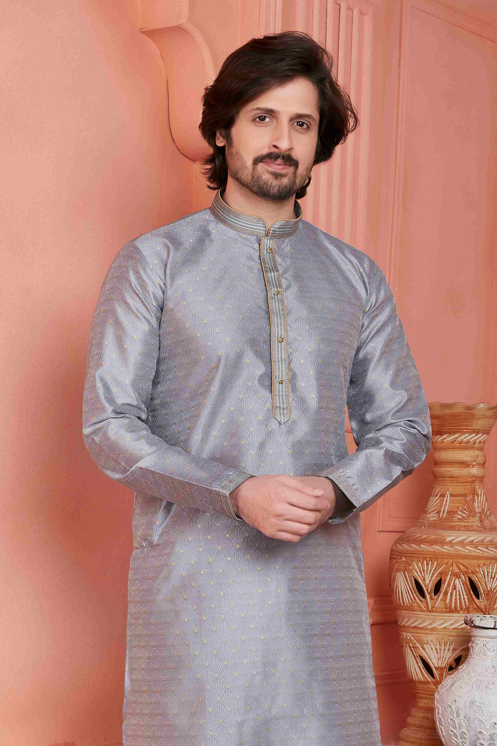 Raivat Ethnic Jacquard Banarasi Silk Pintux Work Kurta Pajama In Grey Colour