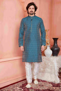 Raivat Ethnic Jacquard Banarasi Silk Pintux Work Kurta Pajama In Blue Colour