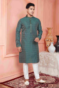 Raivat Ethnic Jacquard Banarasi Silk Pintux Work Kurta Pajama In Green Colour