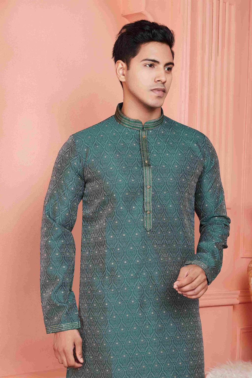 Raivat Ethnic Jacquard Banarasi Silk Pintux Work Kurta Pajama In Green Colour