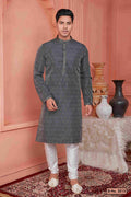 Raivat Ethnic Jacquard Banarasi Silk Pintux Work Kurta Pajama In Grey Colour