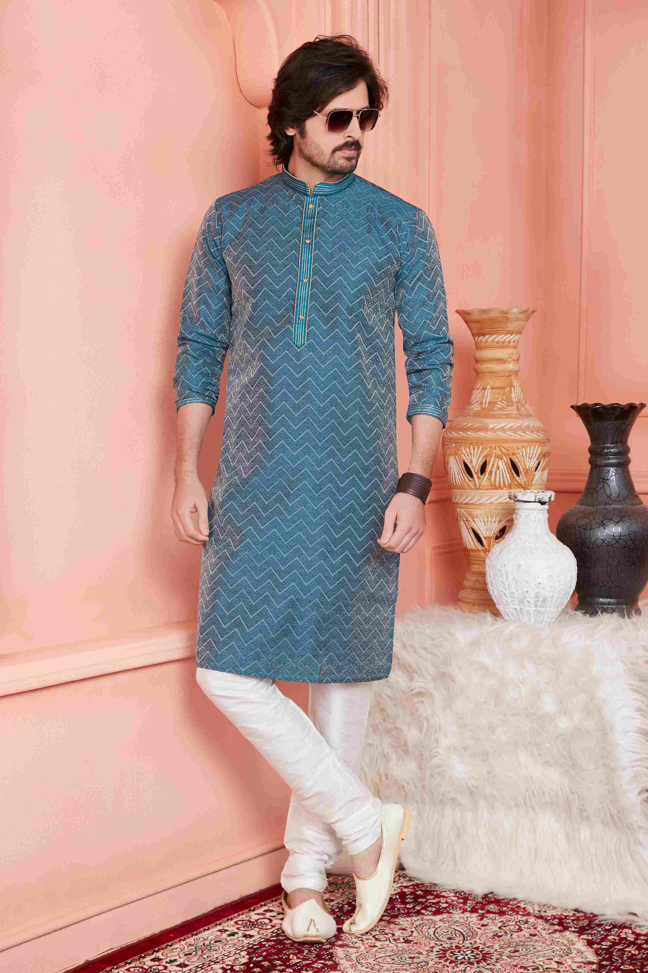 Raivat Ethnic Jacquard Banarasi Silk Pintux Work Kurta Pajama In Teal Blue Colour