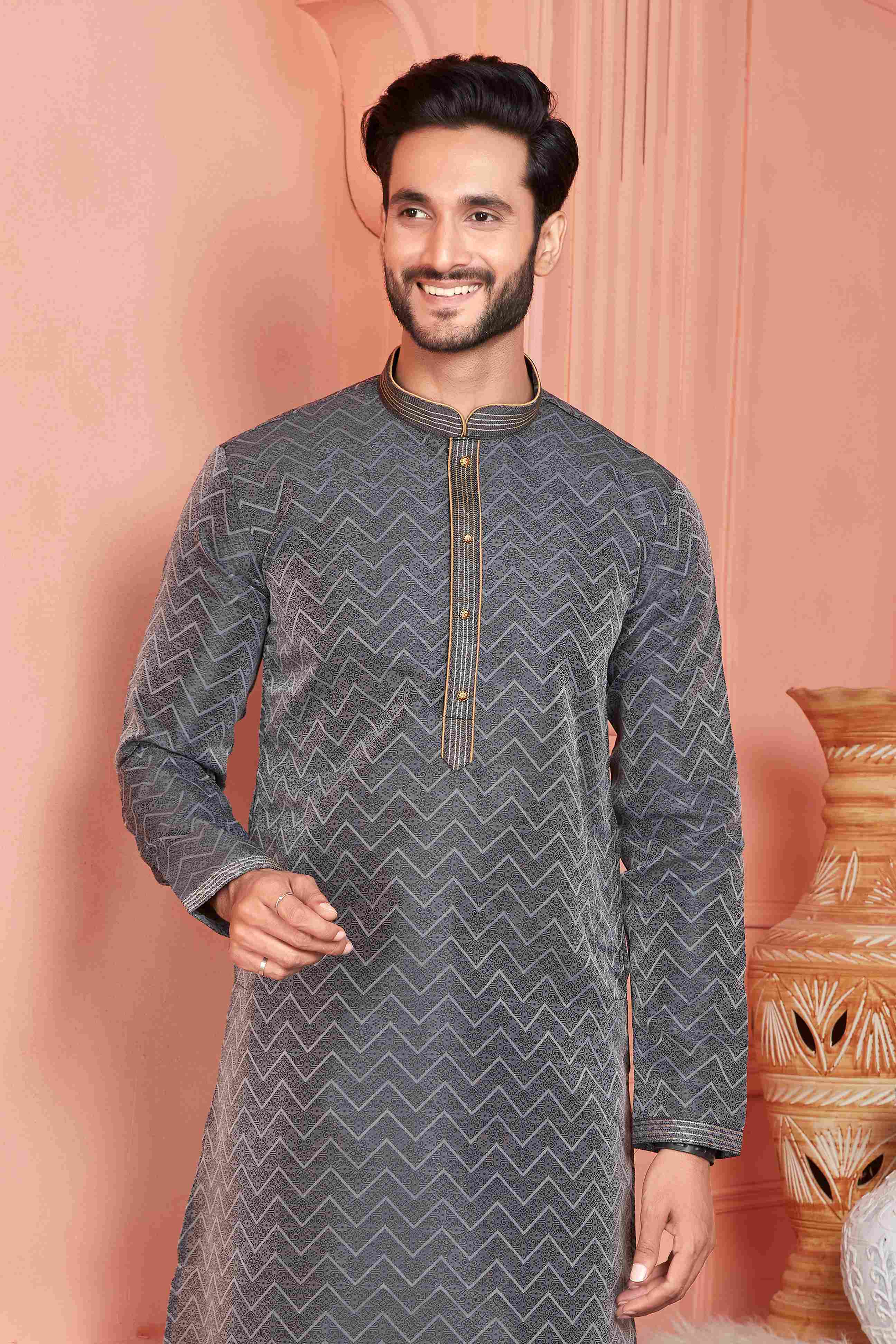 Raivat Ethnic Jacquard Banarasi Silk Pintux Work Kurta Pajama In Black Colour