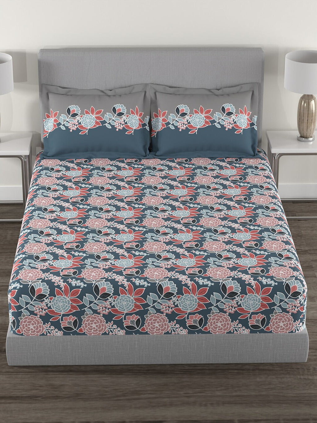 MYTRIDENT Blue Green Floral Cotton 144 TC Queen Bedsheet With 2 Pillow Covers