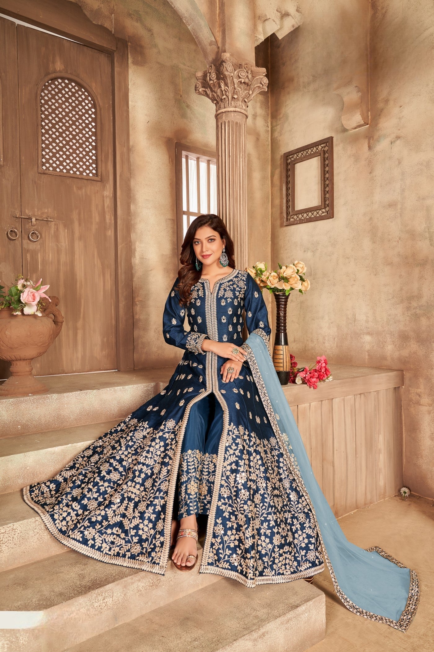 Anaita Navy Blue Embroidered Art Silk Anarkali Suit