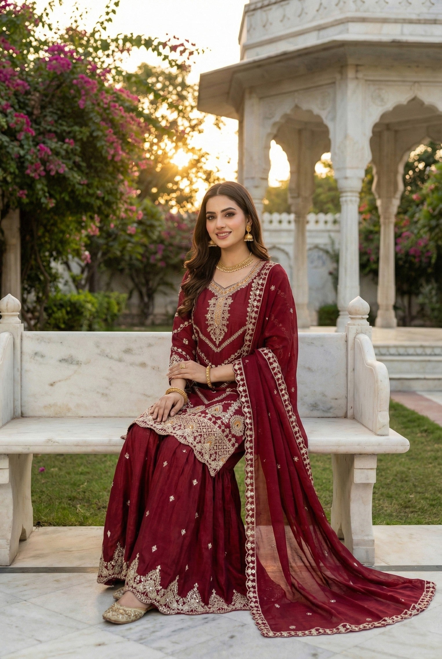 Anaita Maroon Chinon Stitched Sharara Suit with Embroidery & Sequence Work