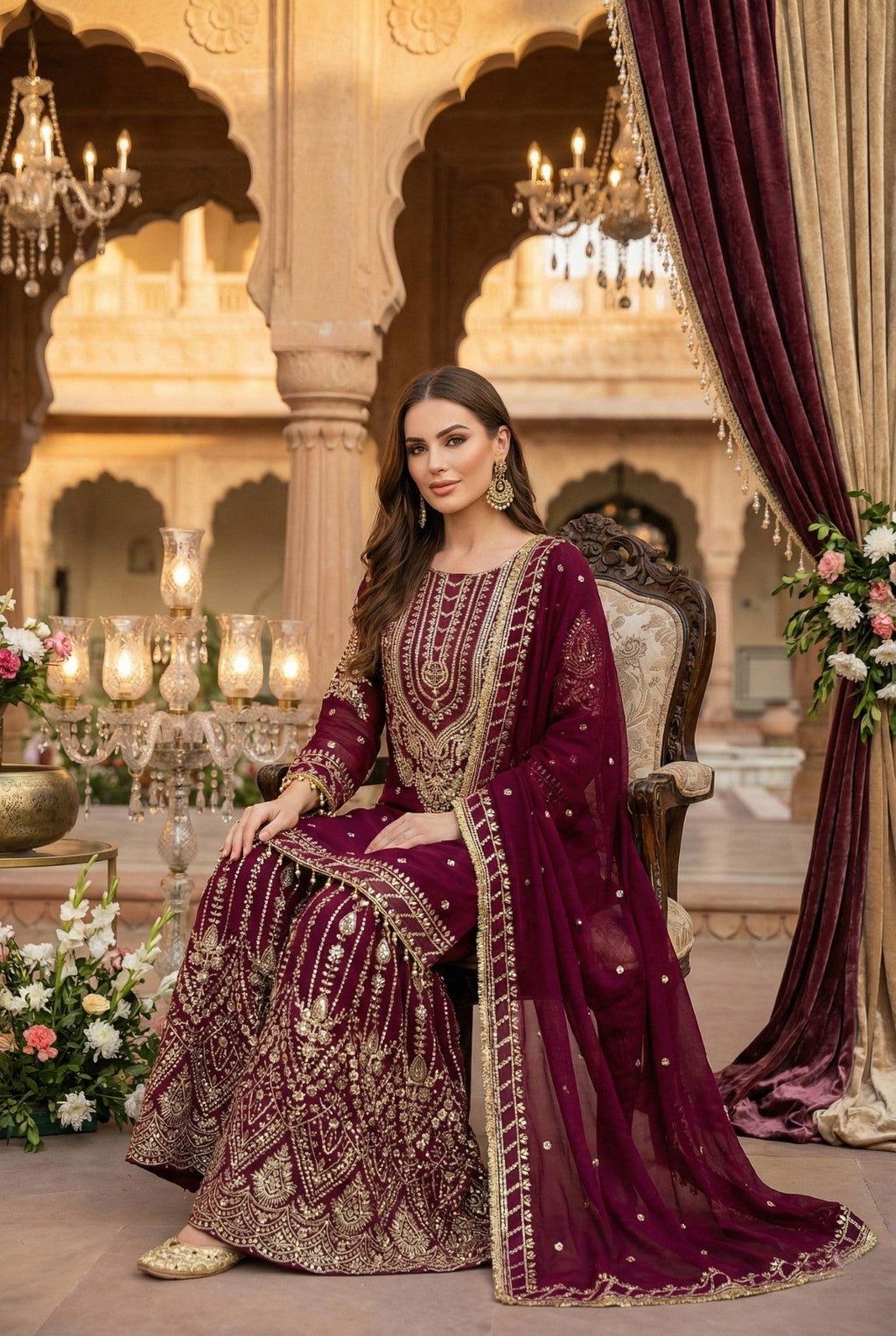 Anaita Maroon Georgette Stitched Suit With Embroidery & Sequence Work
