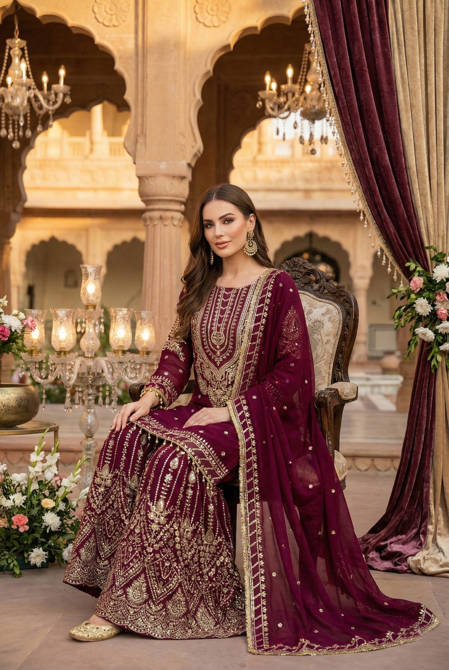 Anaita Maroon Georgette Stitched Suit With Embroidery & Sequence Work
