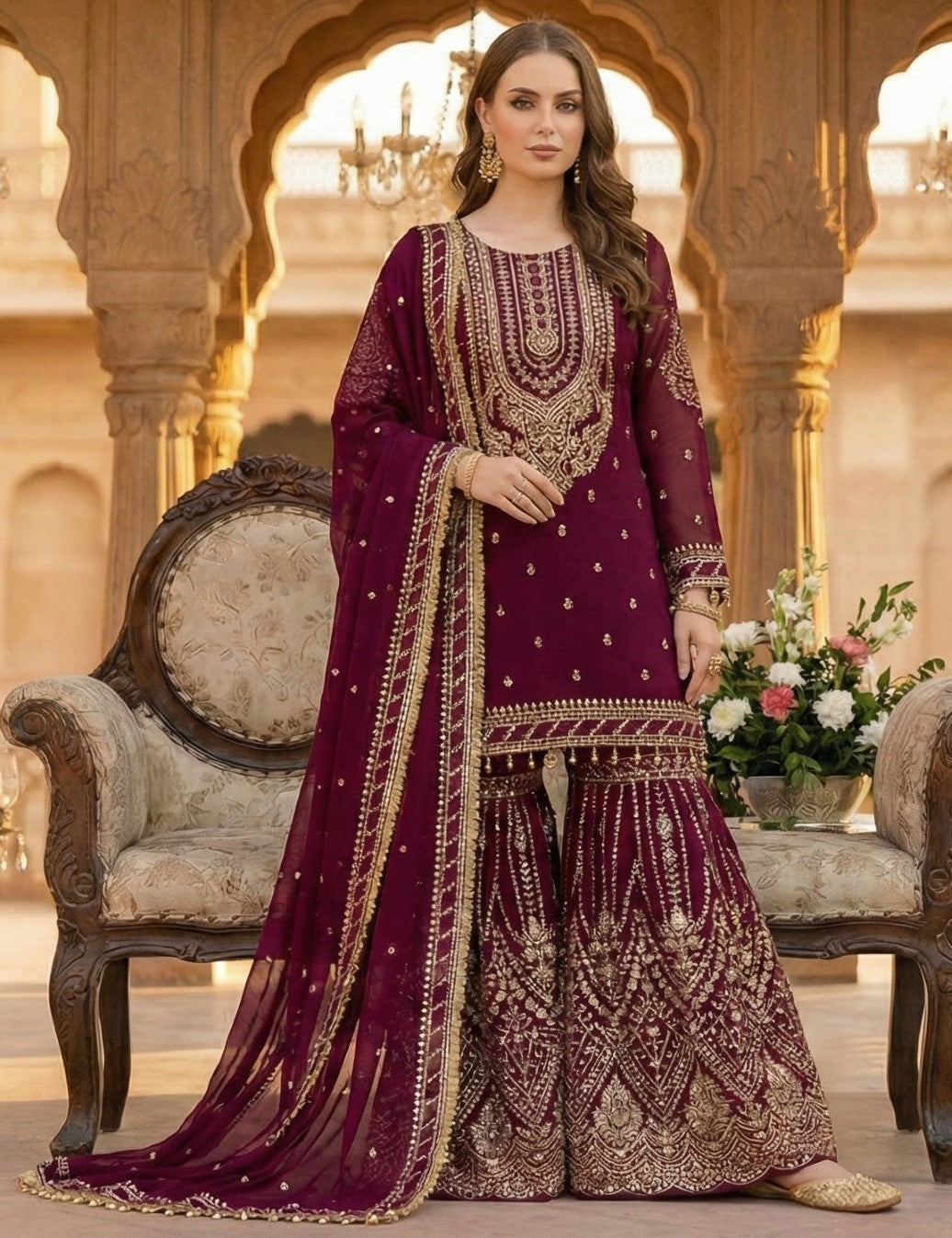 Anaita Maroon Georgette Stitched Suit With Embroidery & Sequence Work