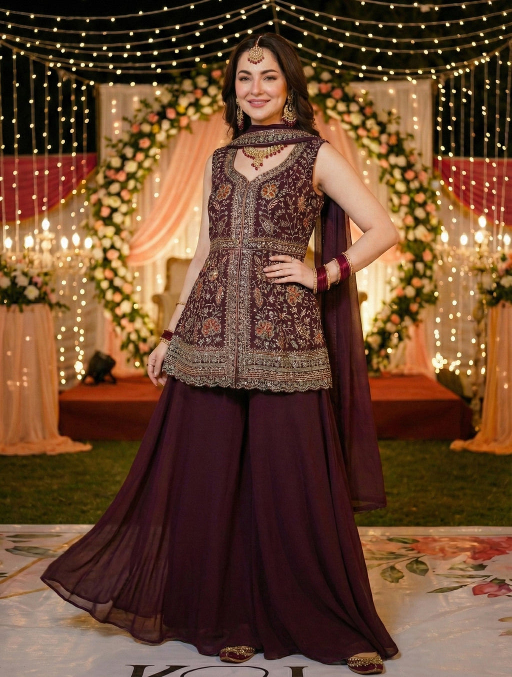 Anaita Maroon Georgette Stitched Suit With Multi Embroidery & Sequence Work