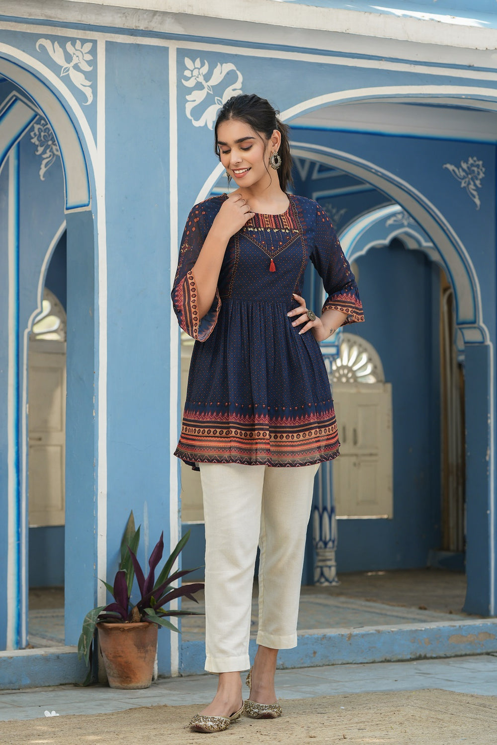 Juniper Indigo Georgette Festive Printed Flared Tunic For Women