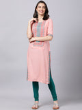 Souchii Women Peach-Coloured & Blue Ethnic Motifs Yoke Design Thread Work Pastels Kurta