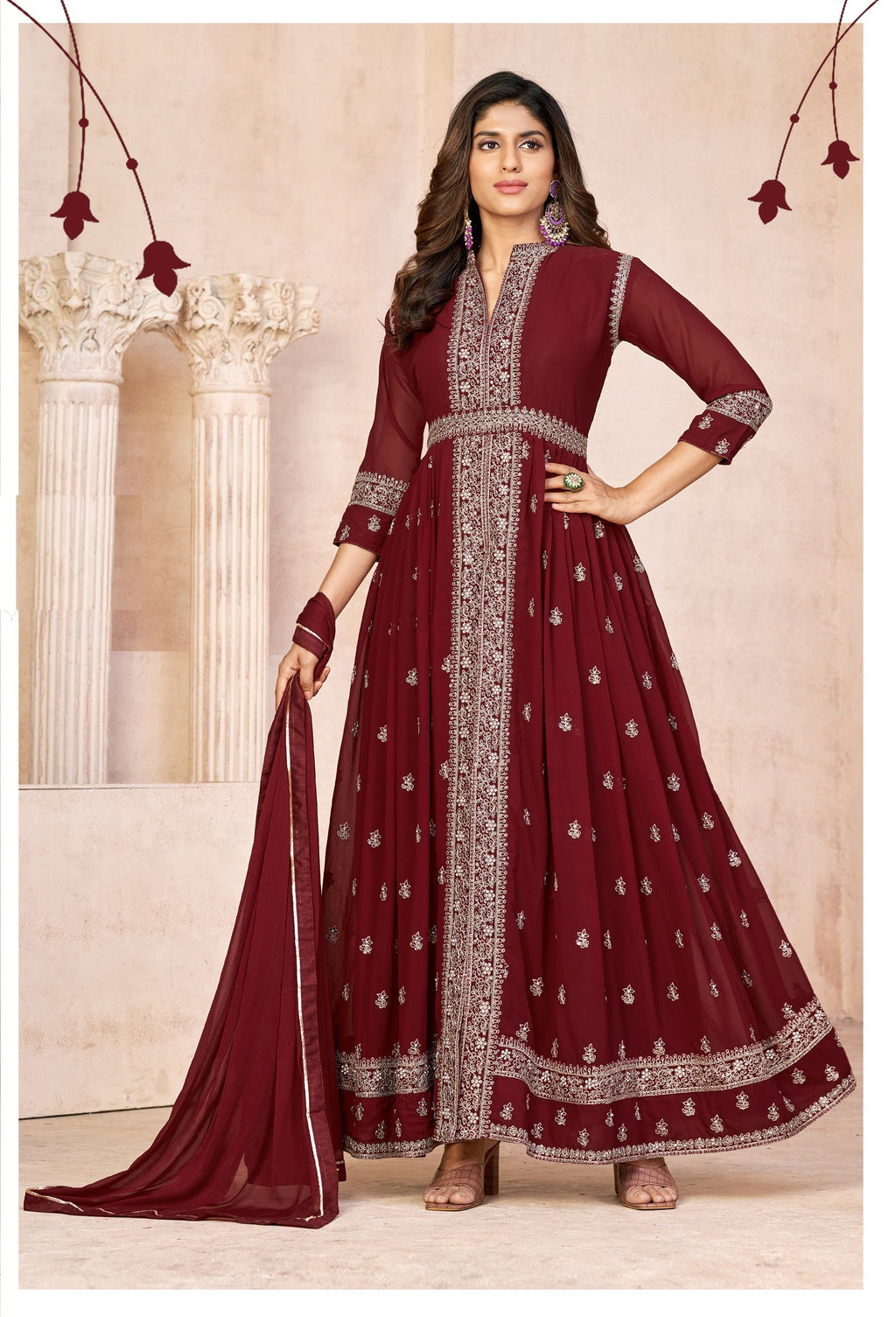 Anaita Maroon Embroidered Faux Georgette Anarkali Suit