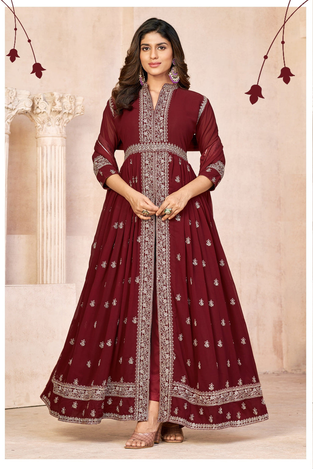 Anaita Maroon Embroidered Faux Georgette Anarkali Suit
