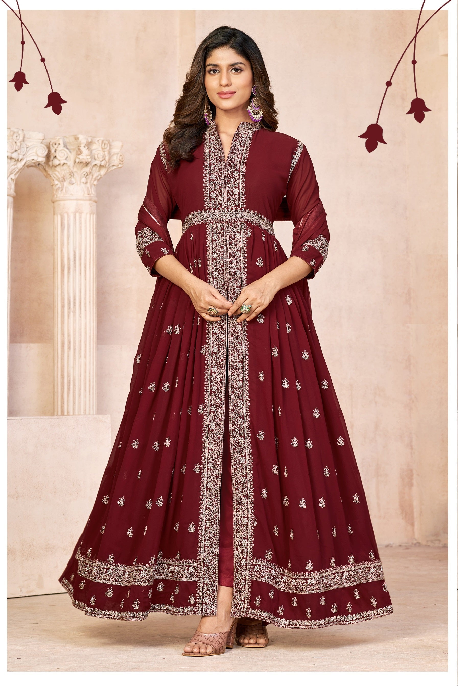 Anaita Maroon Embroidered Faux Georgette Anarkali Suit