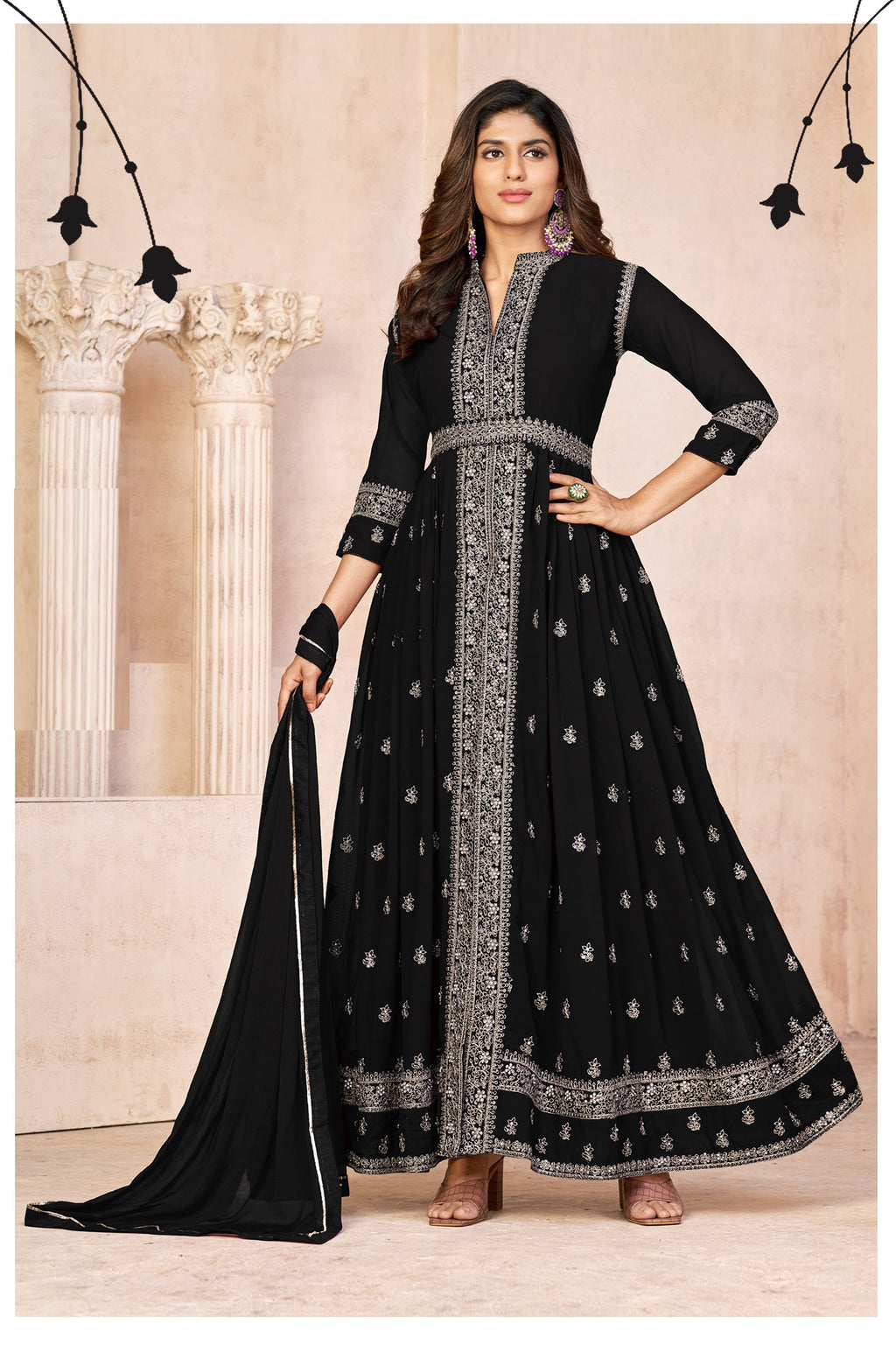 Anaita Black Embroidered Faux Georgette Anarkali Suit