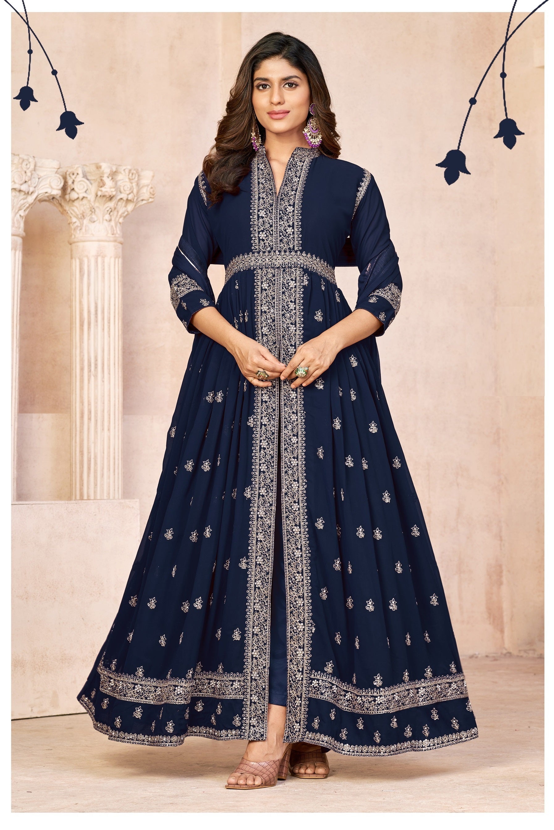 Anaita Navy Blue Embroidered Faux Georgette Anarkali Suit