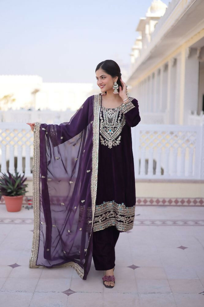 Joban Fashion Wine Kurta Set Velvet Sequins , Zari, Coding & Thread Embroidered work