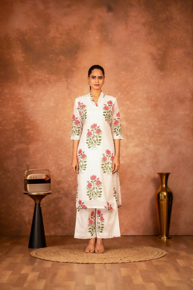 Joban Fashion Off White Red Hand Block Printed Cotton Suit Set