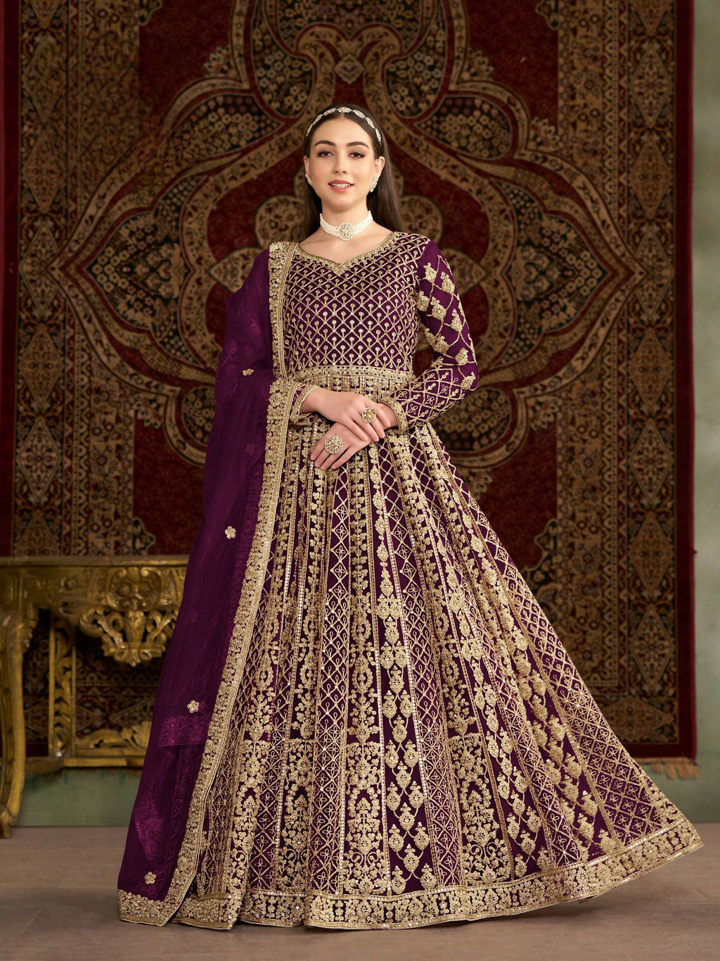 Anaita Purple Embroidered Net Stitched Anarkali Suit