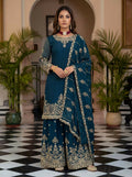 Teeya Creation Teal Chinon Silk Designer Wedding Wear Embroidery Work Palazzo