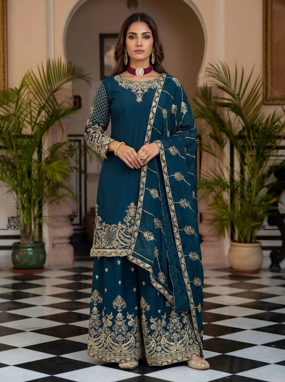 Teeya Creation Teal Chinon Silk Designer Wedding Wear Embroidery Work Palazzo