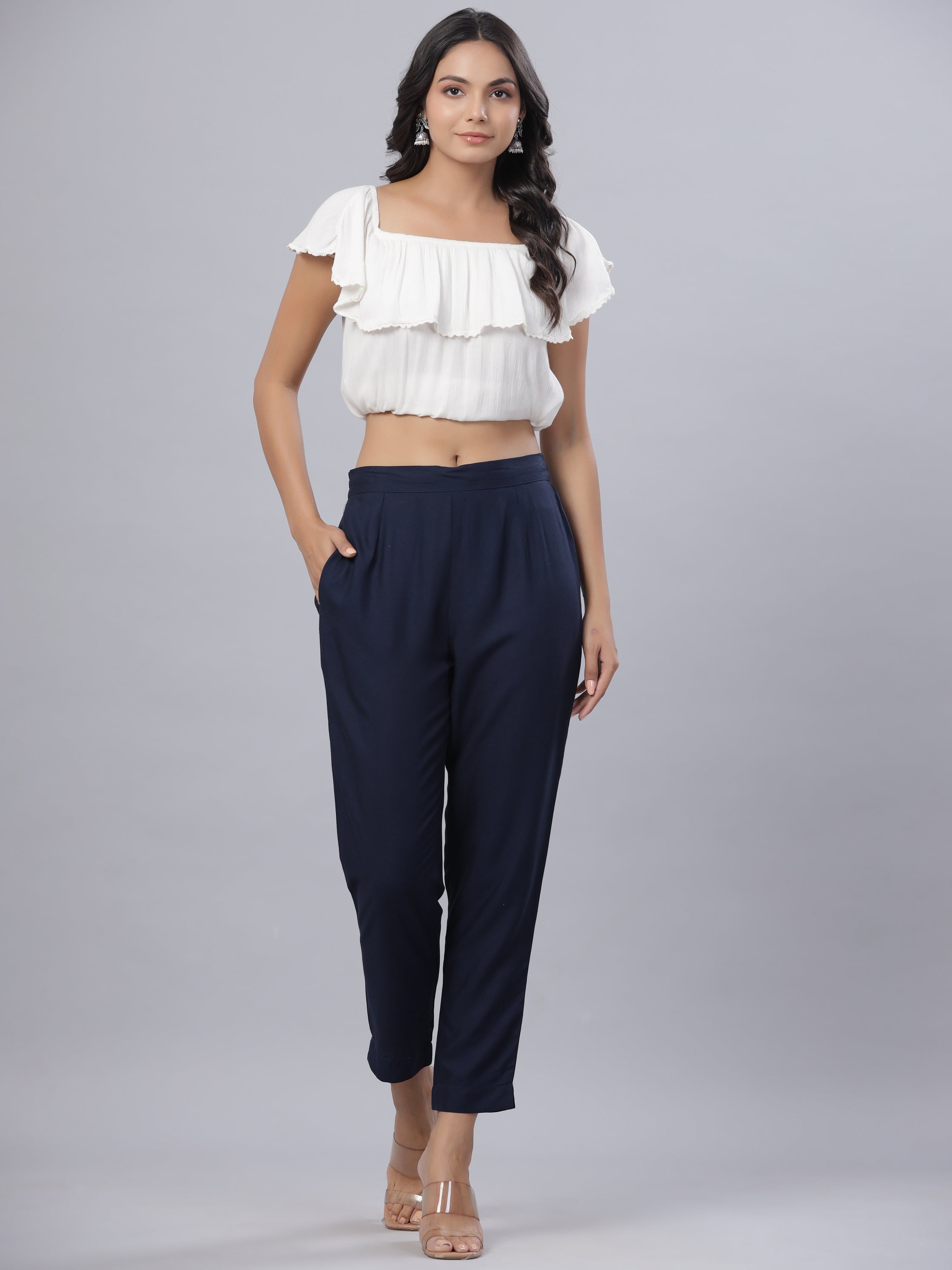 Juniper Women's Blue Liva Rayon Solid Stright Slim Pant
