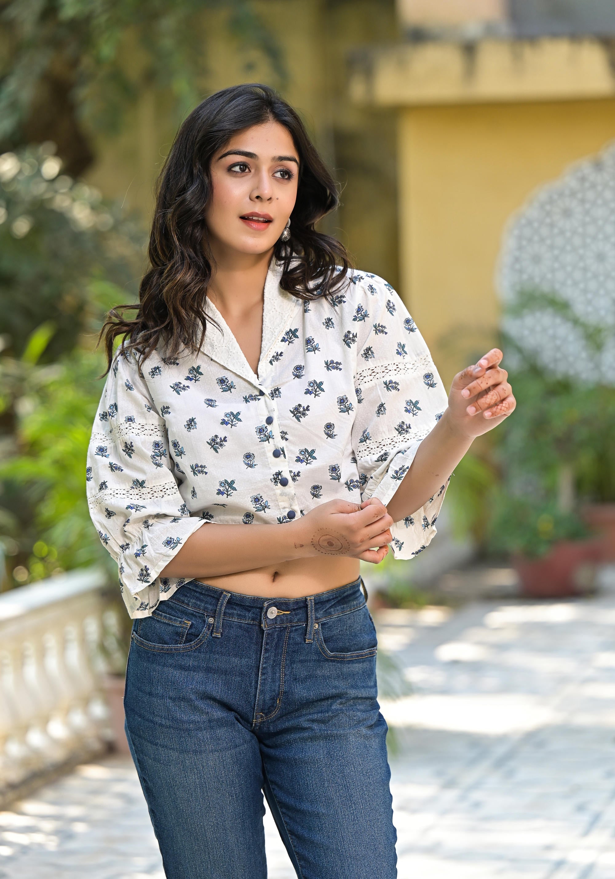 Juniper White Floral Printed Cotton Top With Button Closure
