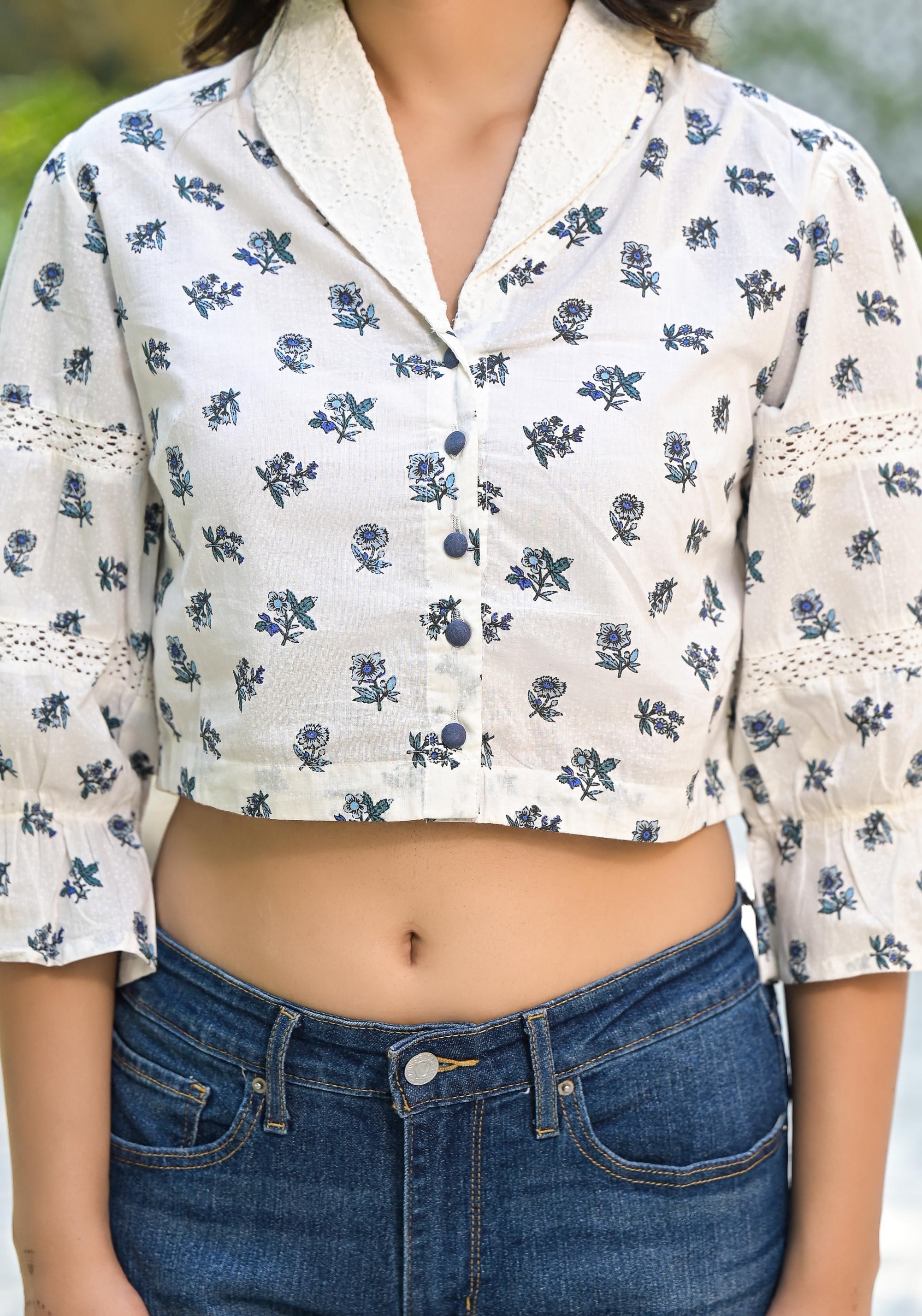 Juniper White Floral Printed Cotton Top With Button Closure