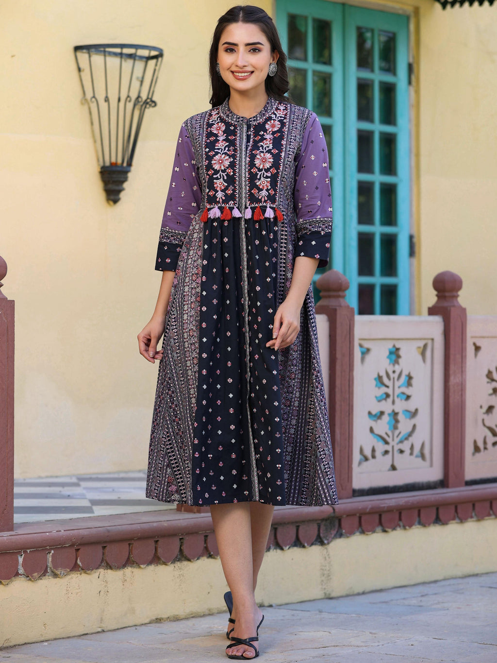 Juniper Women's Lavender Cambric Printed Embroidered Flared Dress