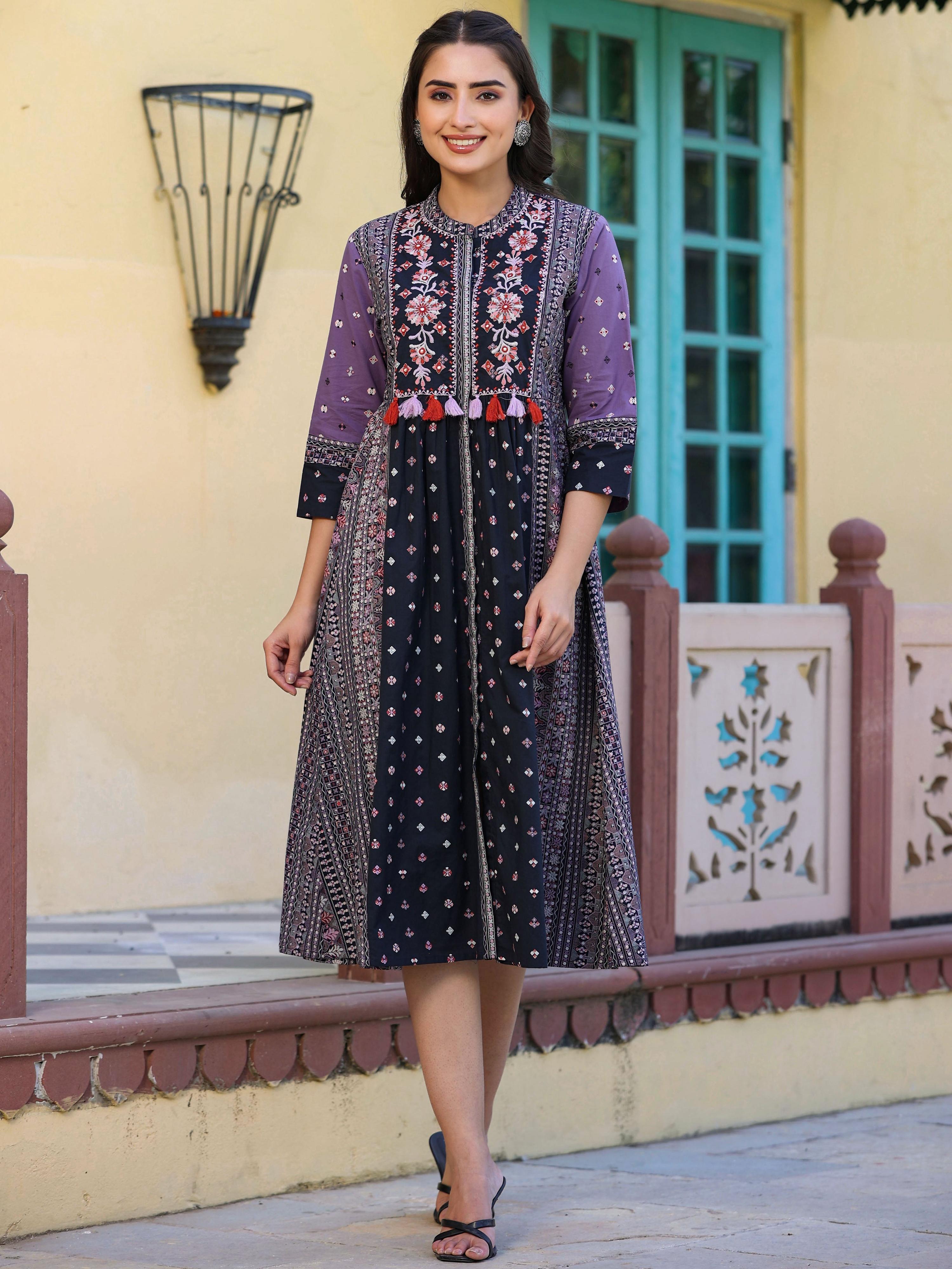 Juniper Women's Lavender Cambric Printed Embroidered Flared Dress