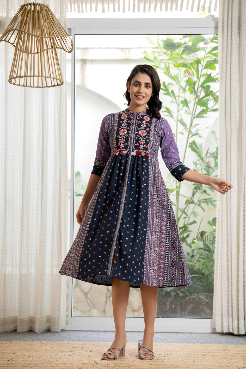 Juniper Lavender Floral Printed Cotton Dress With Thread Work & Tassels