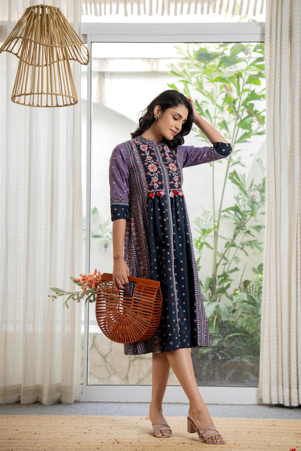 Juniper Lavender Floral Printed Cotton Dress With Thread Work & Tassels