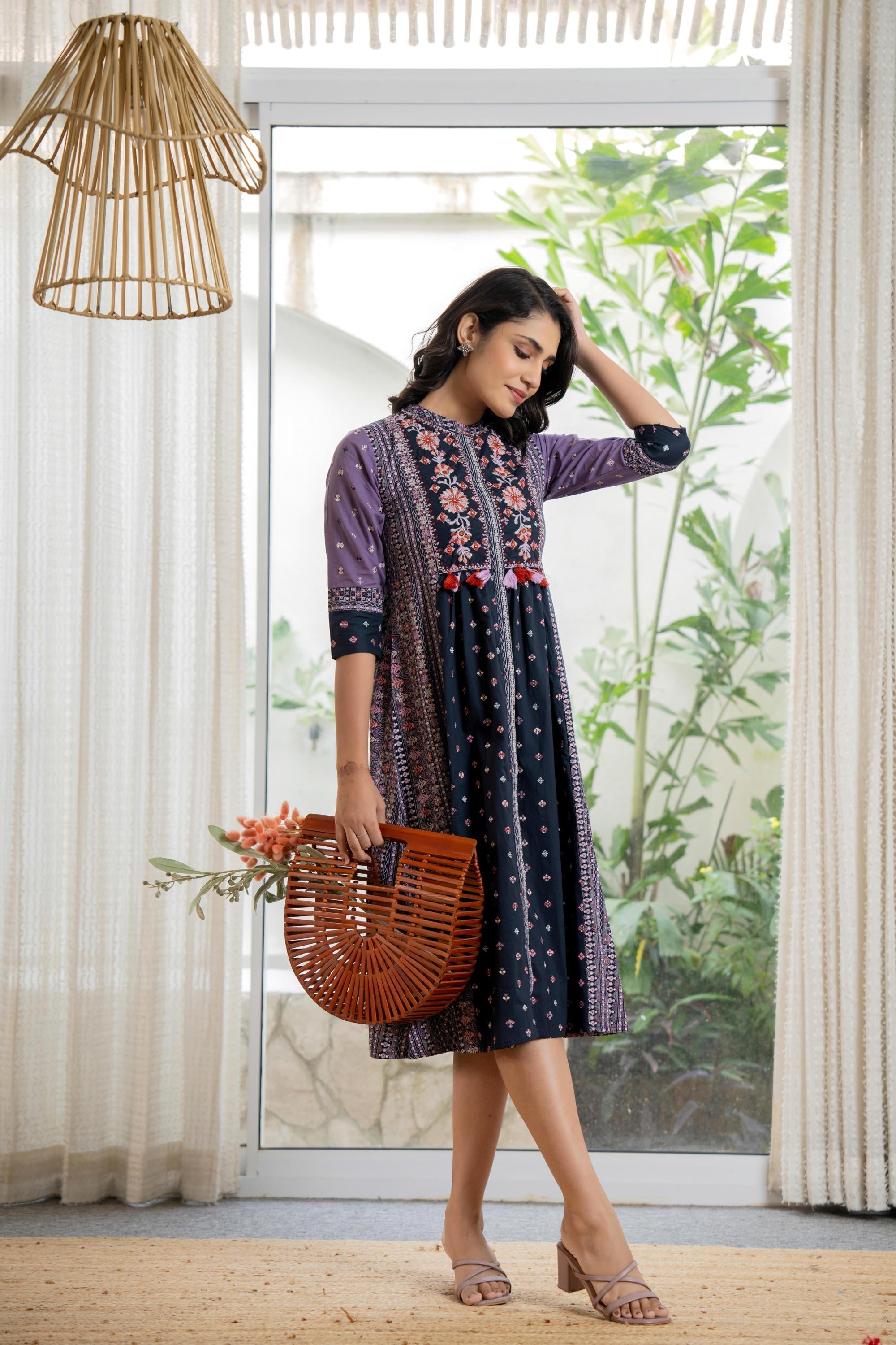 Juniper Lavender Floral Printed Cotton Dress With Thread Work & Tassels