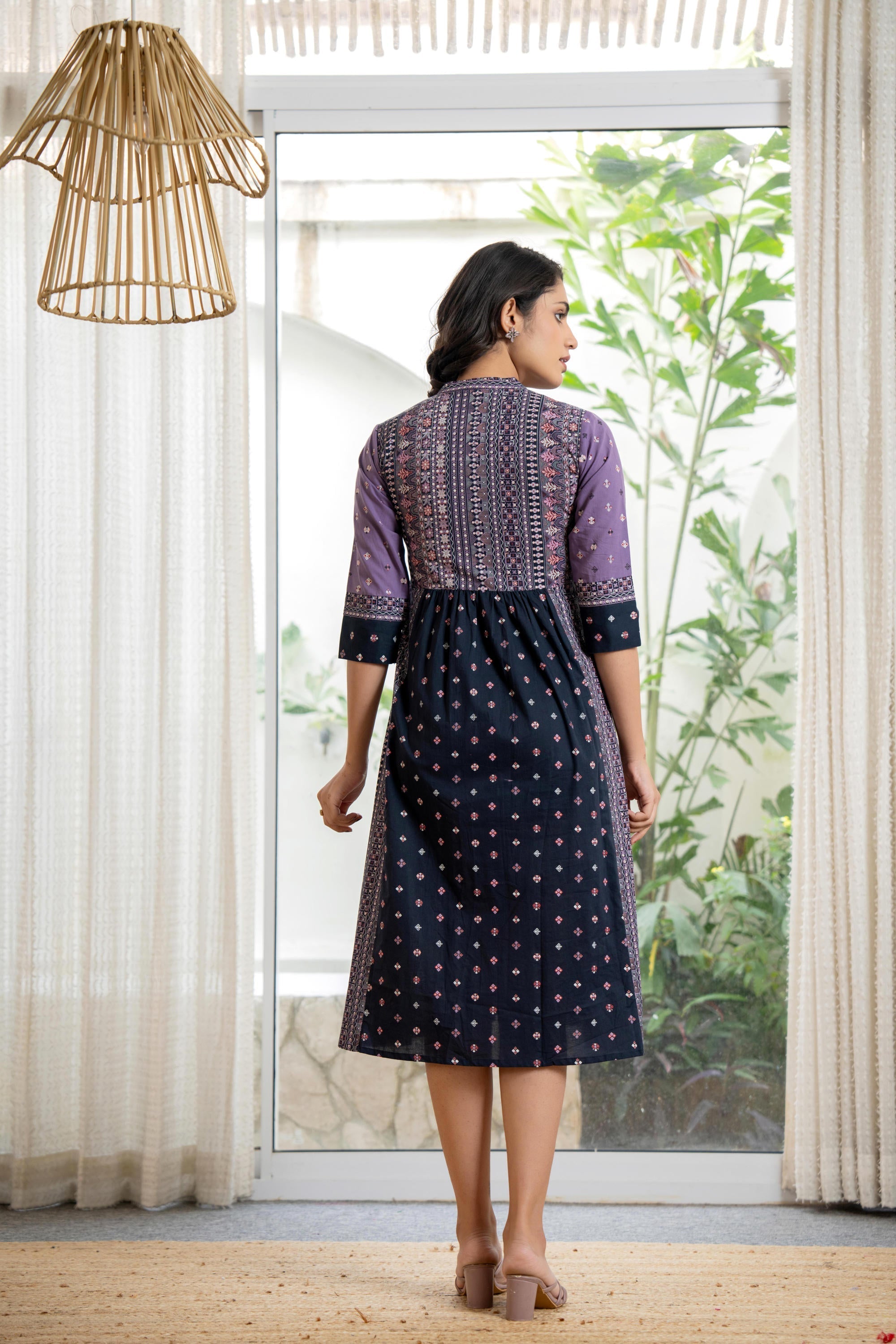 Juniper Lavender Floral Printed Cotton Dress With Thread Work & Tassels