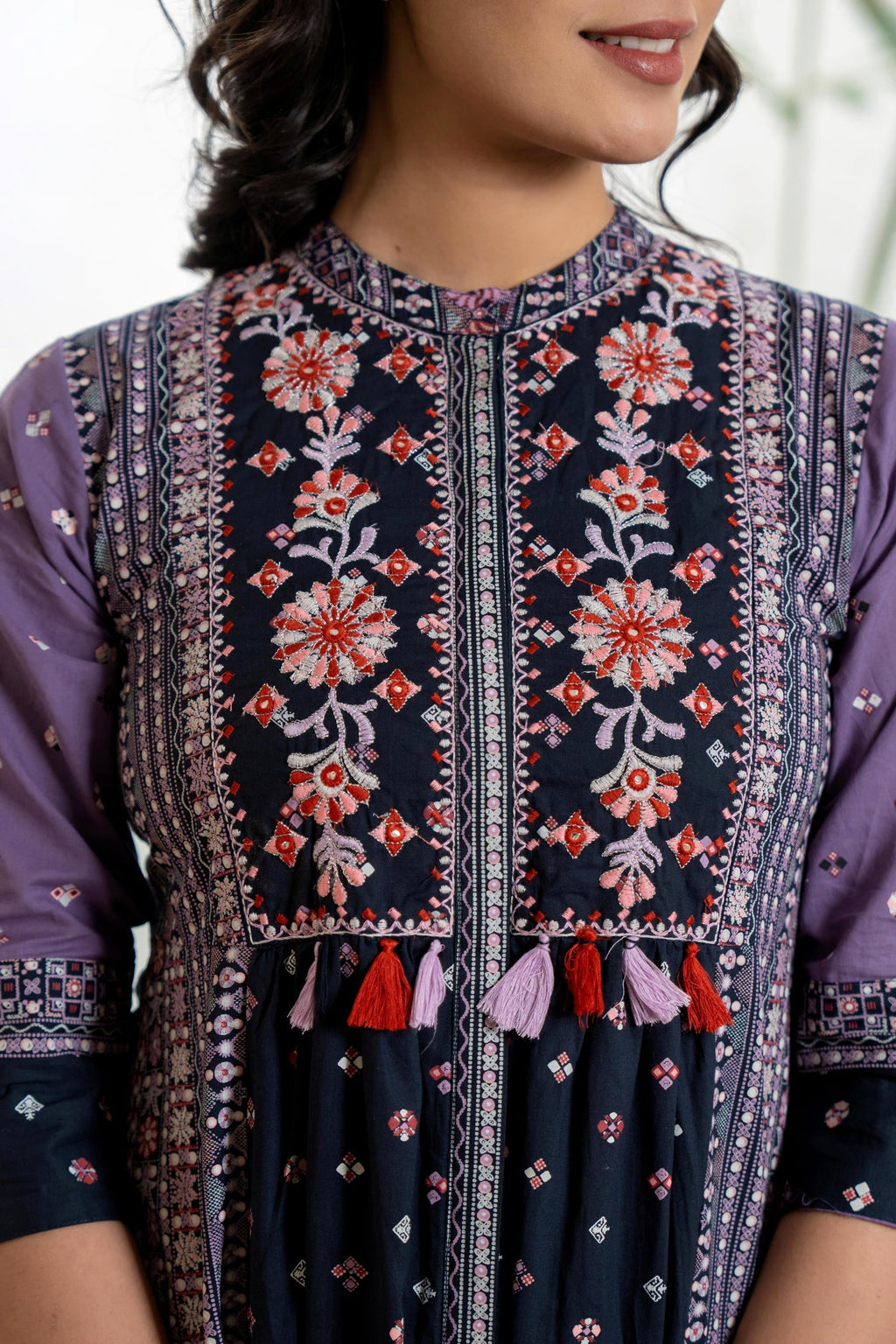 Juniper Lavender Floral Printed Cotton Dress With Thread Work & Tassels