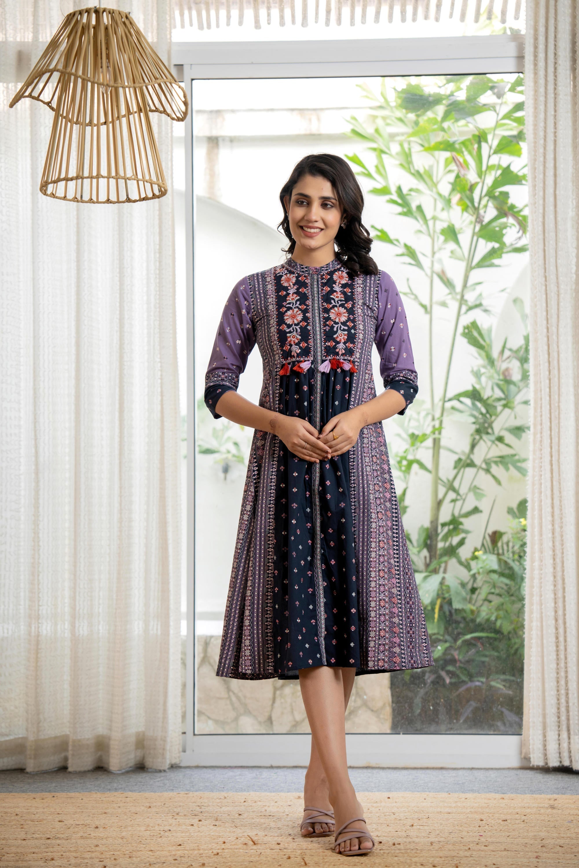 Juniper Lavender Floral Printed Cotton Dress With Thread Work & Tassels
