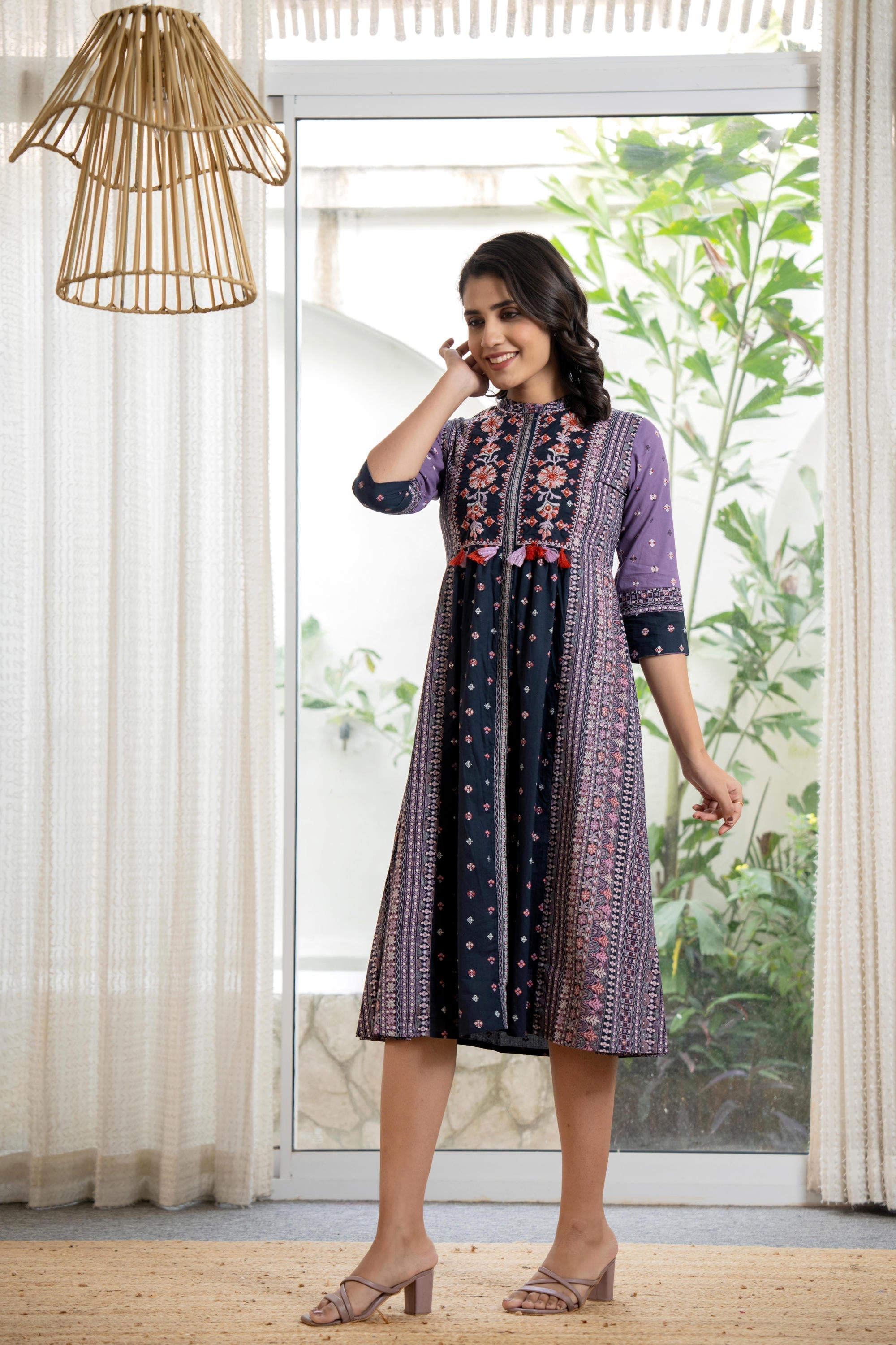 Juniper Lavender Floral Printed Cotton Dress With Thread Work & Tassels