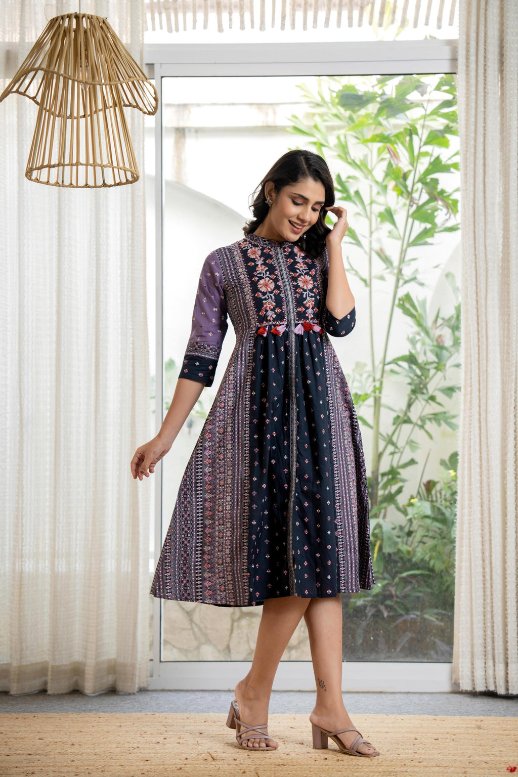 Juniper Lavender Floral Printed Cotton Dress With Thread Work & Tassels