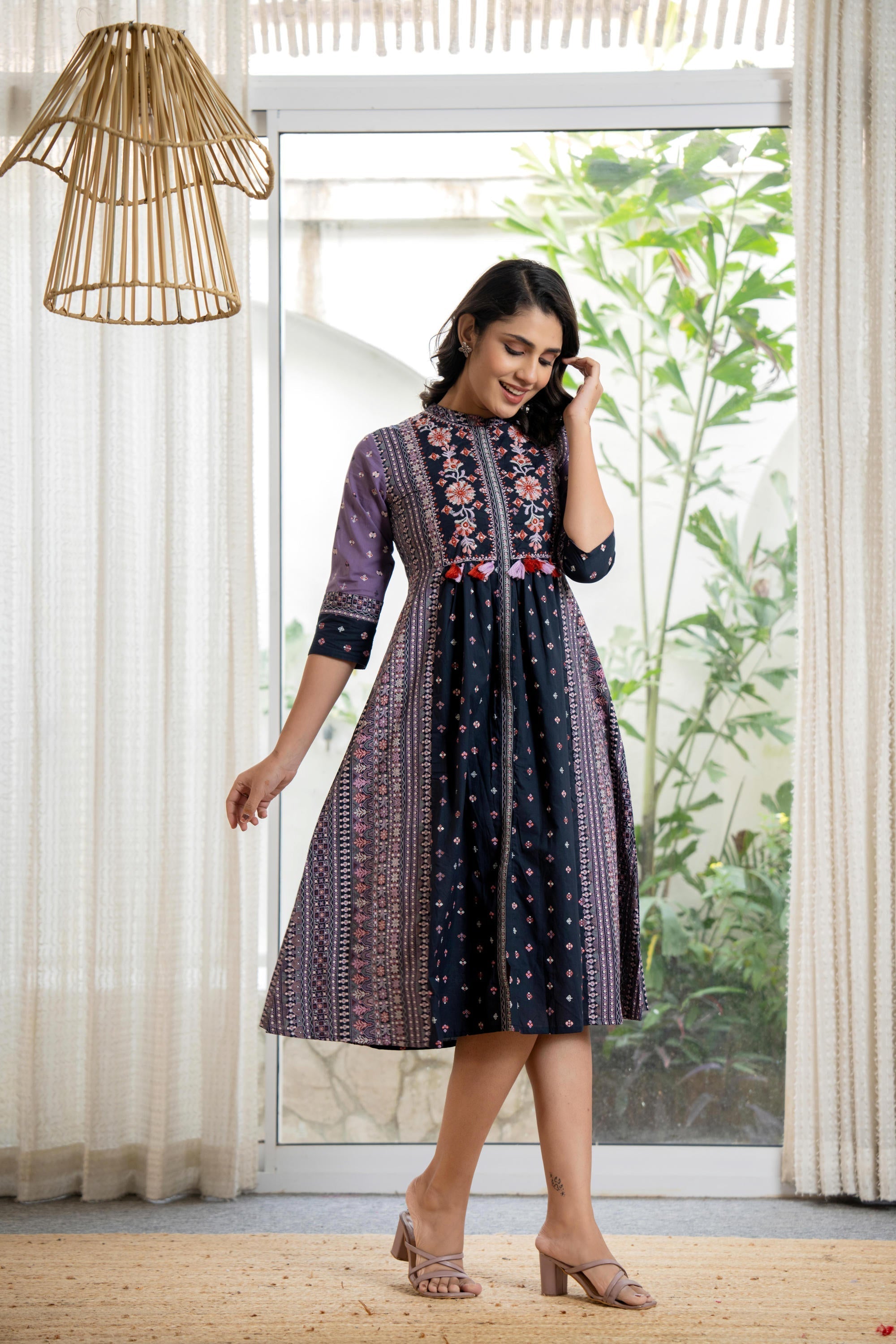 Juniper Lavender Floral Printed Cotton Dress With Thread Work & Tassels