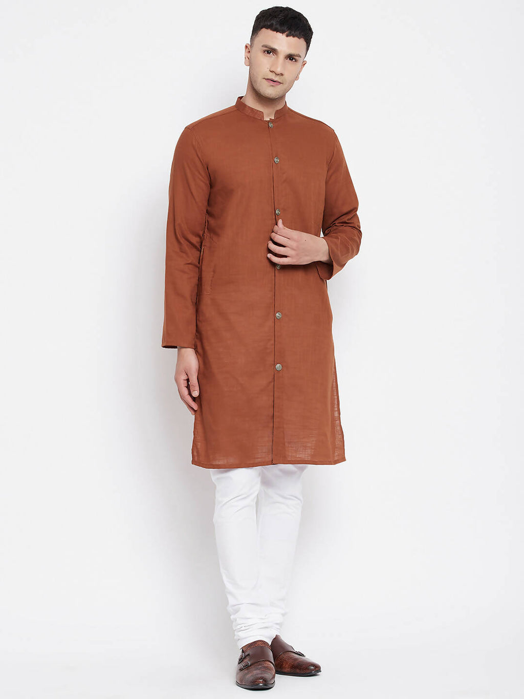 Even Apparels Brown Pure Cotton Men's Sherwani Kurta With Open Front
