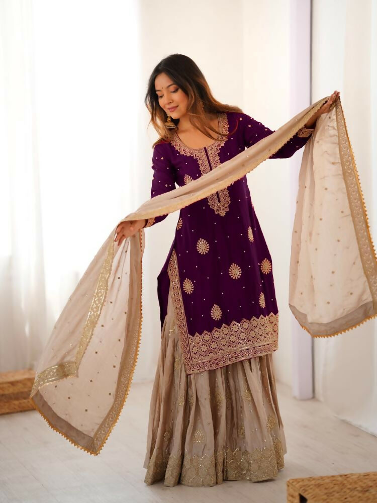 Lehenga Mart Designer Sharara Suit With Kurta, Sharara, Dupatta For Women-Wine