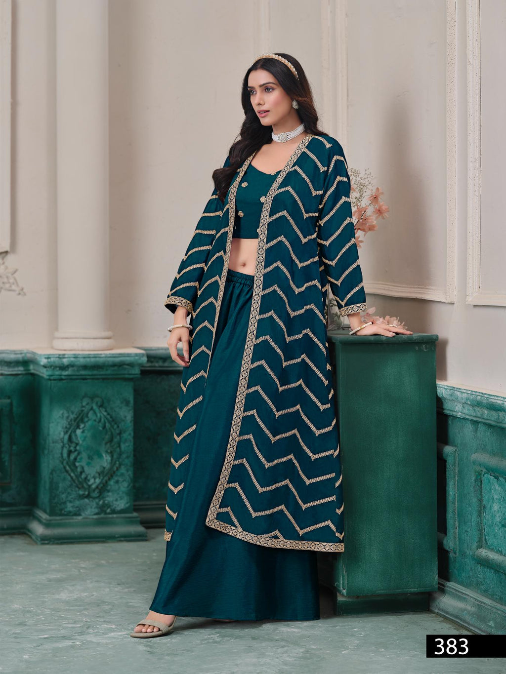 Anaita Teal Chinon Designer Stitched Indo Western