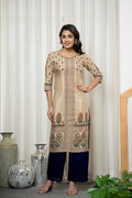 Juniper Beige Floral Printed Viscose Kurta With Beads & Sequins