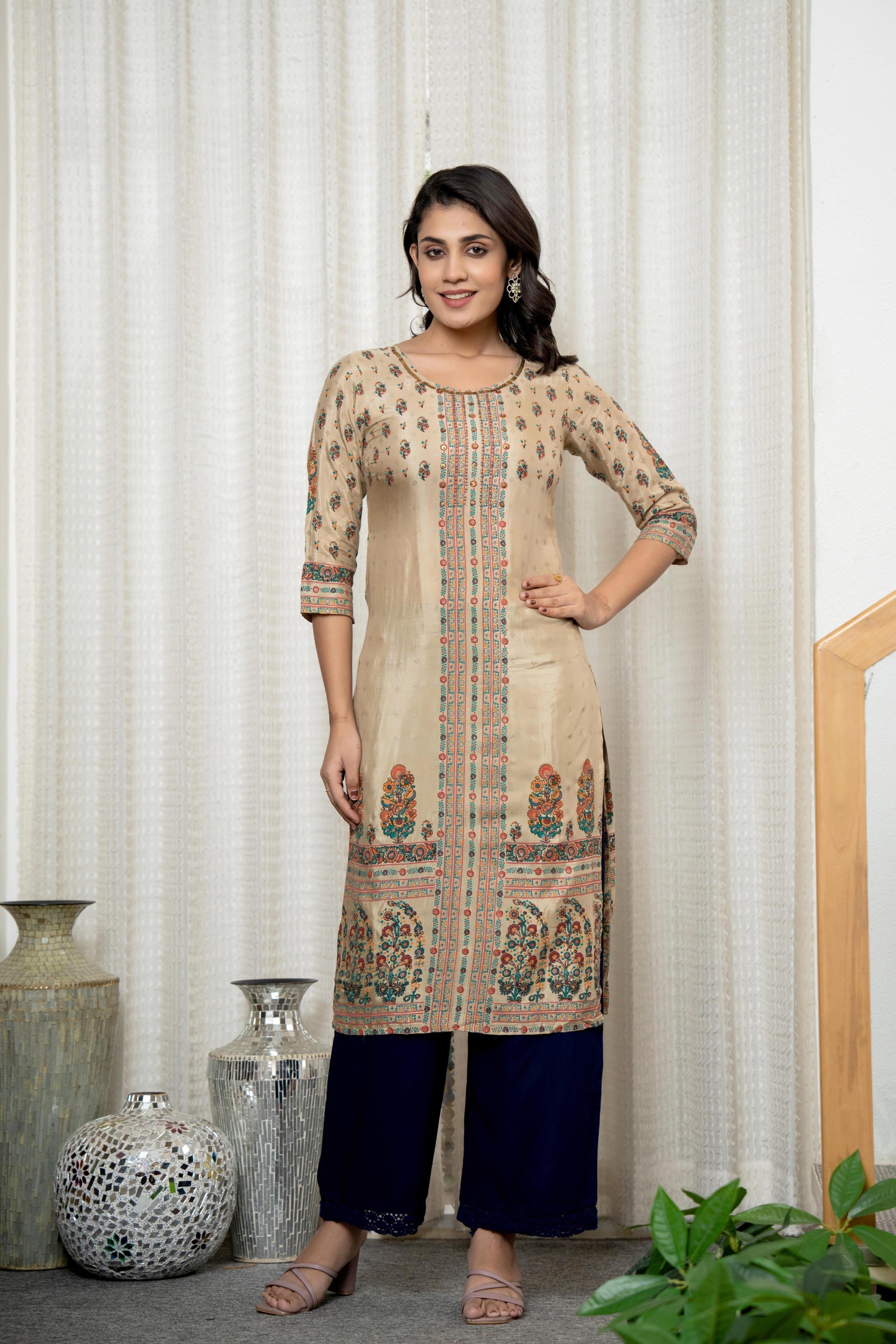 Juniper Beige Floral Printed Viscose Kurta With Beads & Sequins