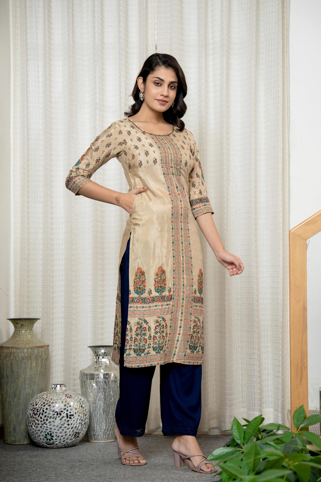 Juniper Beige Floral Printed Viscose Kurta With Beads & Sequins