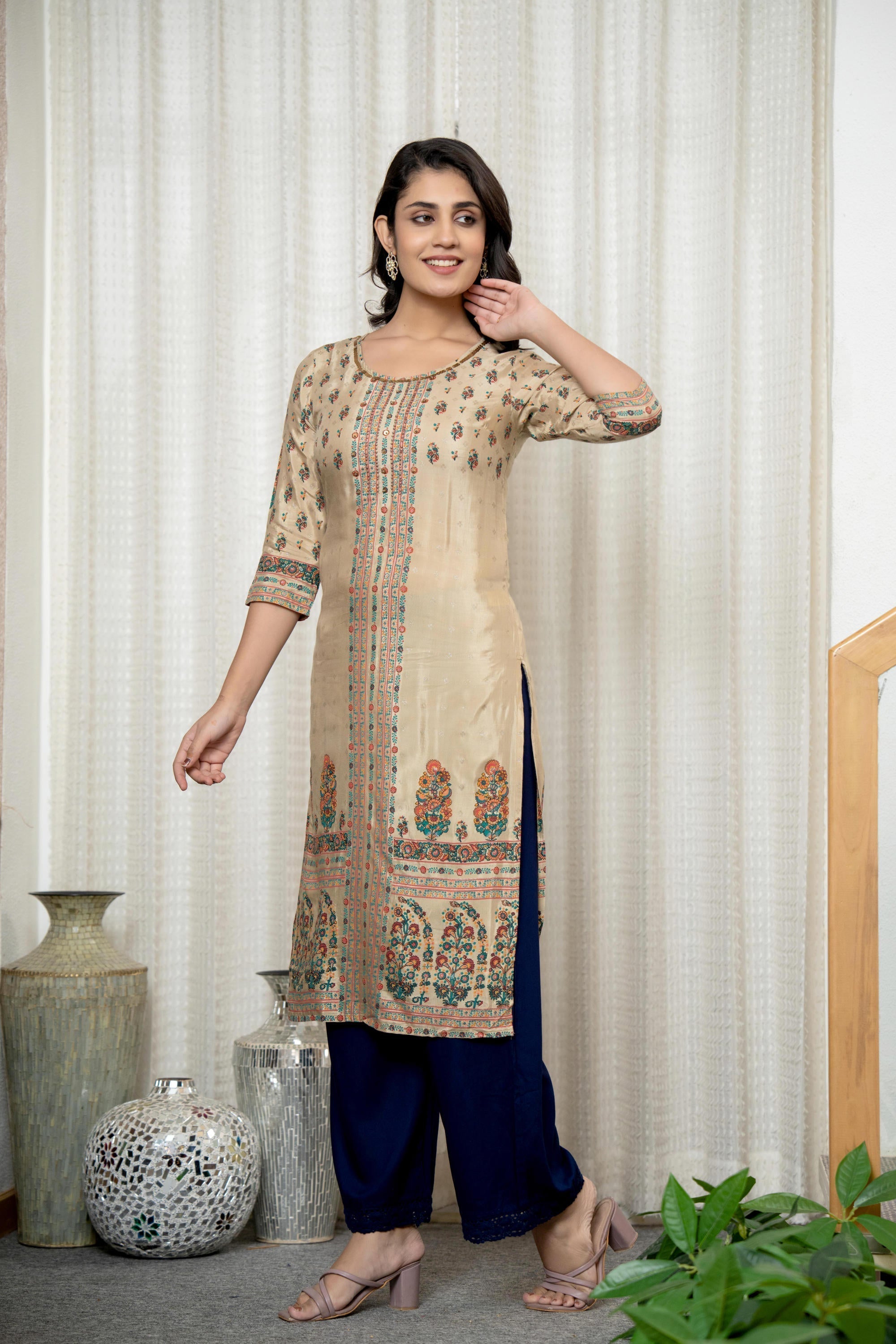 Juniper Beige Floral Printed Viscose Kurta With Beads & Sequins