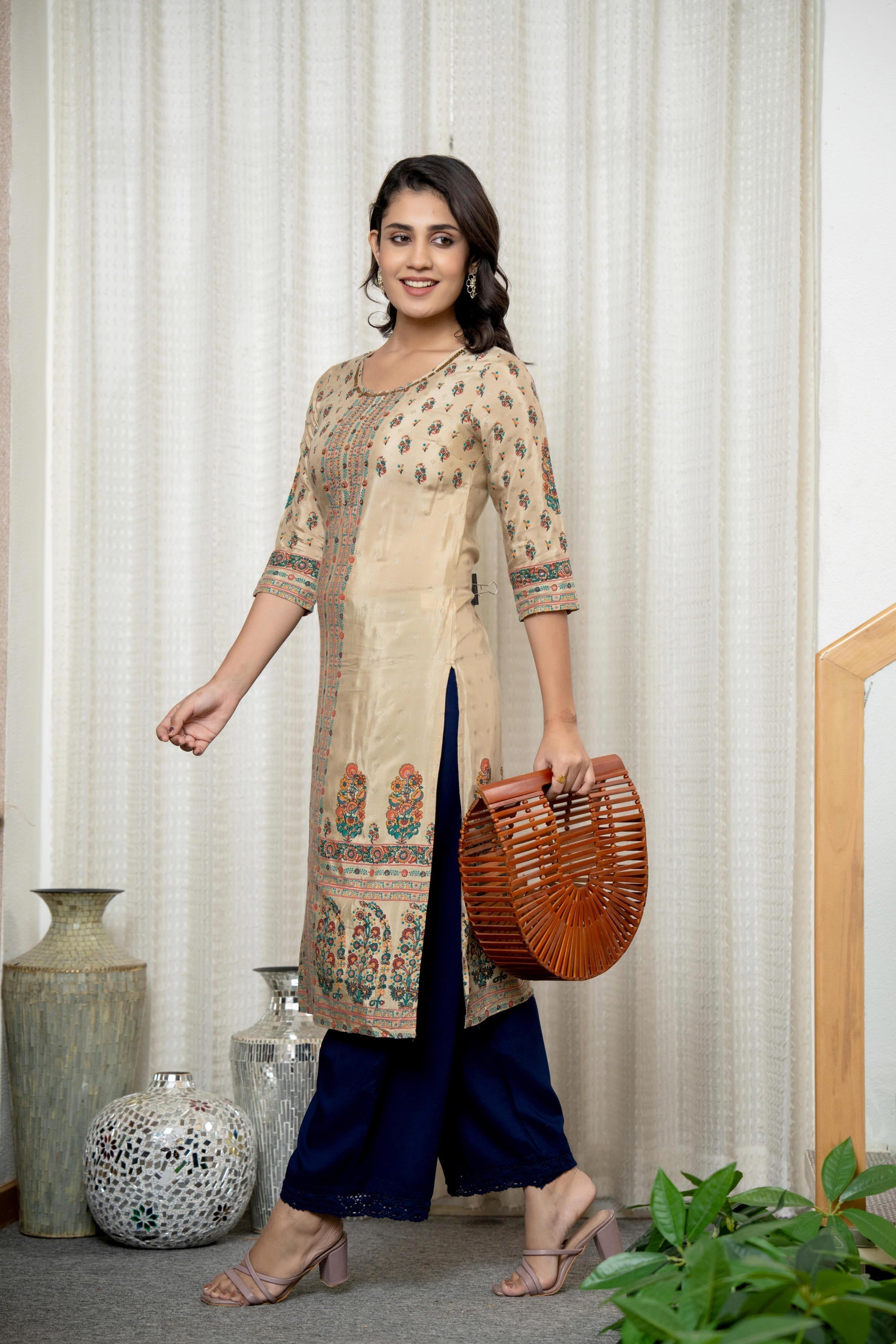 Juniper Beige Floral Printed Viscose Kurta With Beads & Sequins