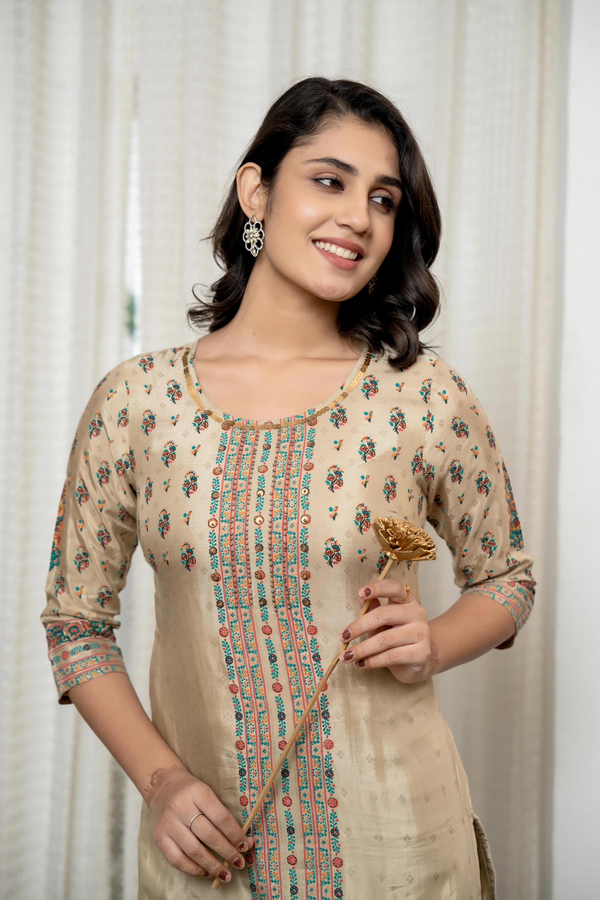 Juniper Beige Floral Printed Viscose Kurta With Beads & Sequins