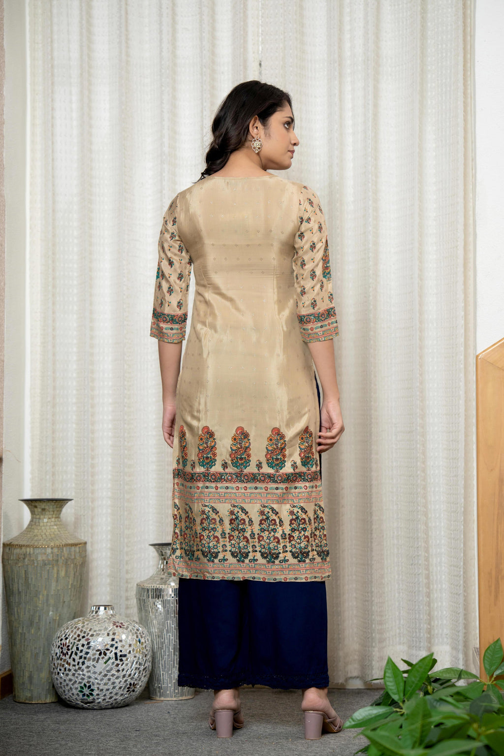 Juniper Beige Floral Printed Viscose Kurta With Beads & Sequins